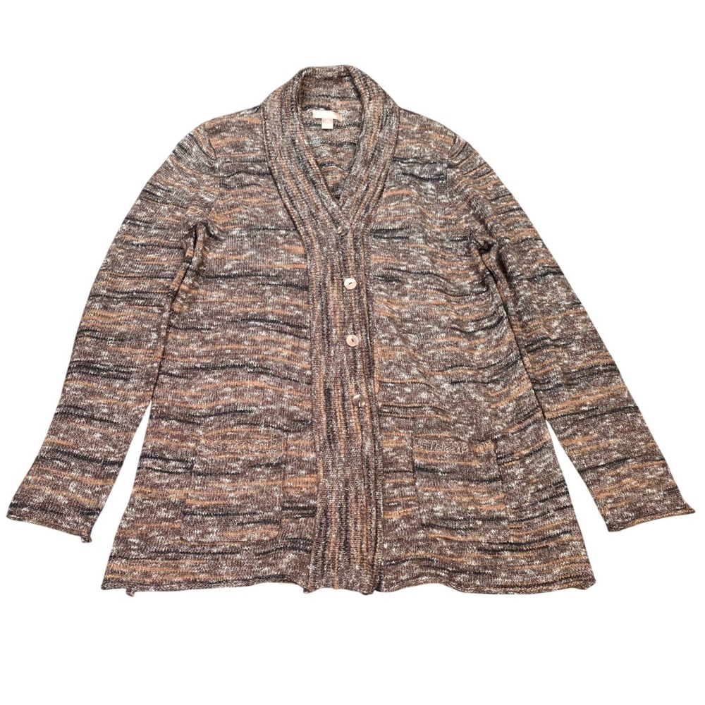 White Stag Shawl Collar Button Cardigan Sweater Women's Size L 12-14 Brown Combo